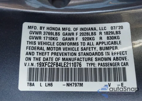 2020 Honda Civic Sport z USA, uszkodzony, nr VIN 19XFC2F84LE211076